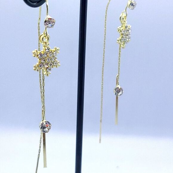 Dainty CZ Snowflake Earrings Gold Thread Dangle Holiday Wedding Formal Jewelry - Picture 7 of 8